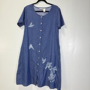 Drapers & Damons Petites VTG Blue Denim Butterfly Embroidered Button Front Dress